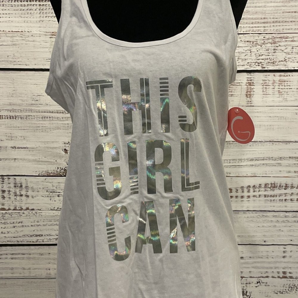 NWT Guru Active This Girl Can Foil Print Racerback Tank White Sz M